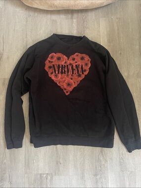 NIRVANA Black Crewneck with Red Floral Heart Graphic